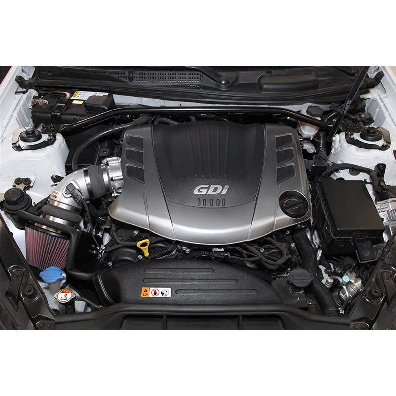 K&N Typhoon air intake system with silver mandrel-bent tube and red oiled cotton filter for Hyundai Genesis Coupe 3.8L
