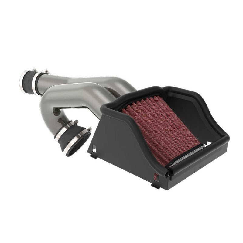 K&N performance air intake system with high-flow intake tube, heat shield, and red washable cotton air filter.