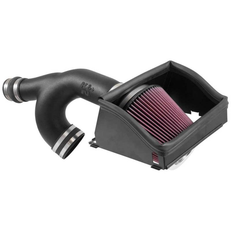 K&N 57-2593 intake system with black HDPE tube and red conical cotton air filter for 2015-2017 Ford F-150 2.7L.
