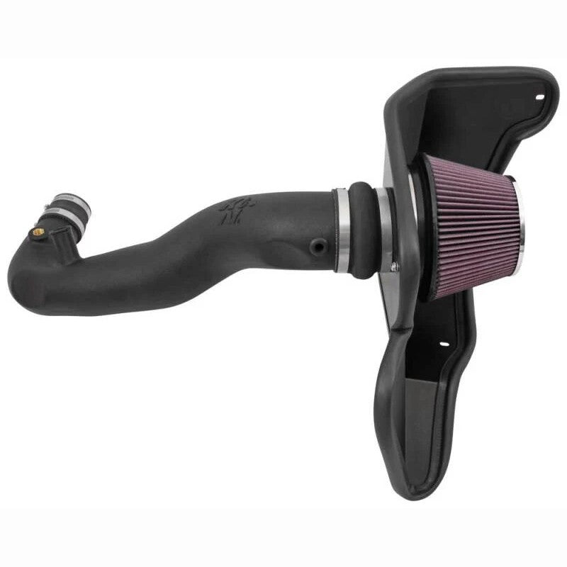K&N 57 Series FIPK air intake system with black HDPE tube and red oiled air filter for 2015-2017 Ford Mustang 2.3L