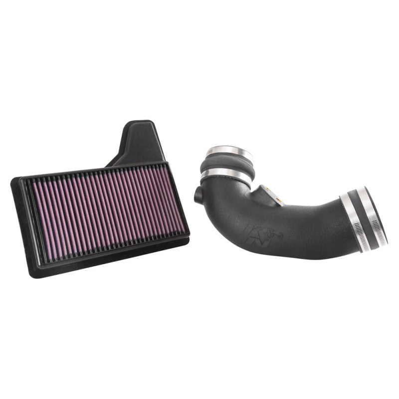 K&N 57-Series 57-2590 performance air intake system with high-flow filter and CAD-designed tube for Ford Mustang GT.