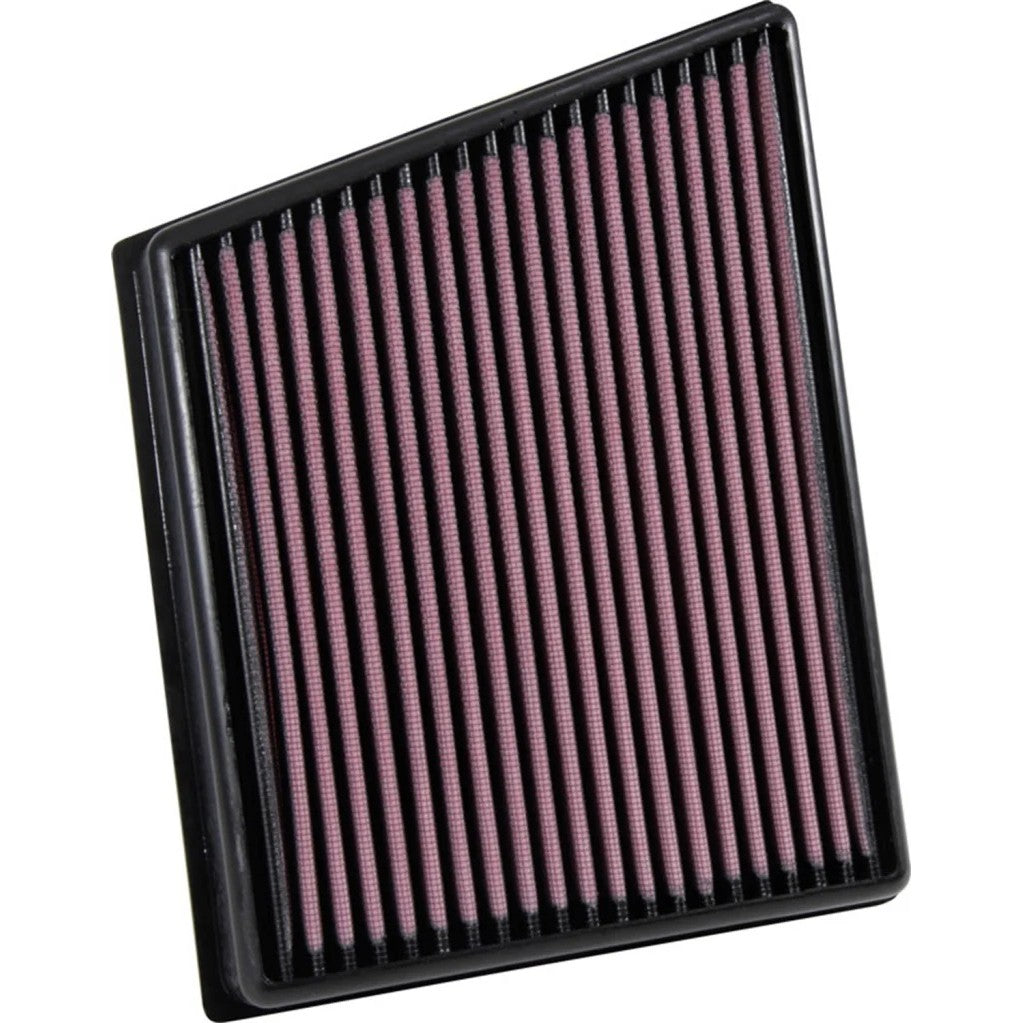 K&N 33-3075 replacement air filter featuring red pleated oiled cotton media and a black flexible perimeter seal.