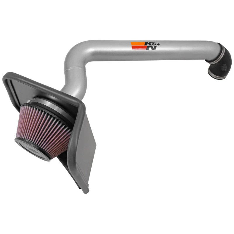 K&N 77-1565KS performance air intake kit with silver aluminum tube, red conical filter, and black custom heat shield.