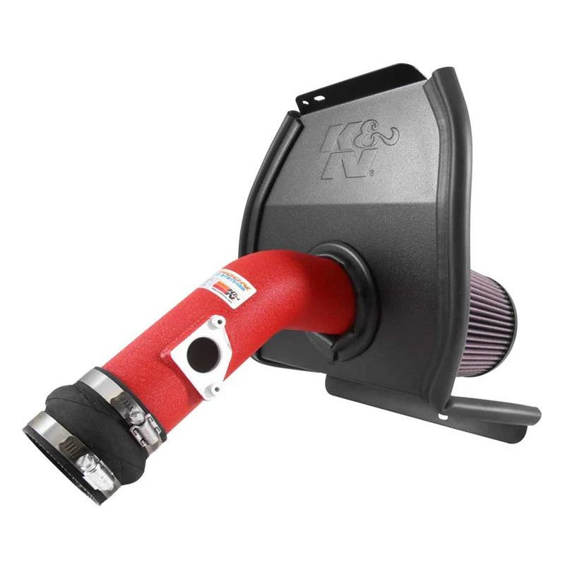 K&N Typhoon short ram intake with red mandrel-bent aluminum tube and conical air filter for 2015-2017 Subaru WRX STI.