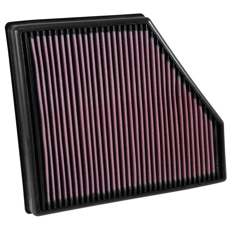 K&N 33-5047 high-flow drop-in air filter with red oiled cotton media for 2016-2024 Chevrolet Camaro 6.2L.