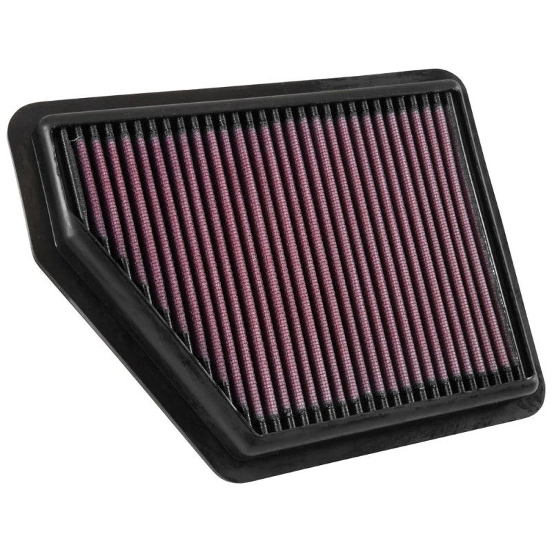 K&N 33-5045 replacement air filter featuring red pleated oiled cotton media and a black flexible sealing frame.