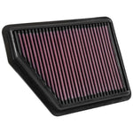 K&N 33-5045 replacement air filter featuring red pleated oiled cotton media and a black flexible sealing frame.