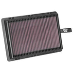 K&N 33-5046 high-flow replacement air filter with red pleated cotton media and a durable black frame.