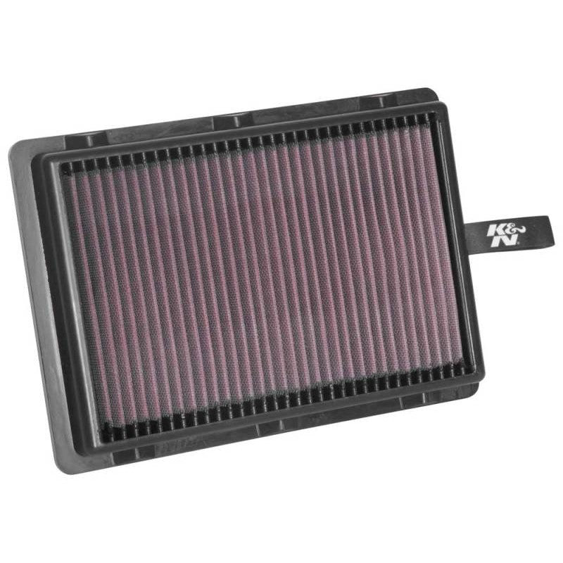 K&N 33-5046 high-flow replacement air filter with red pleated cotton media and a durable black frame.