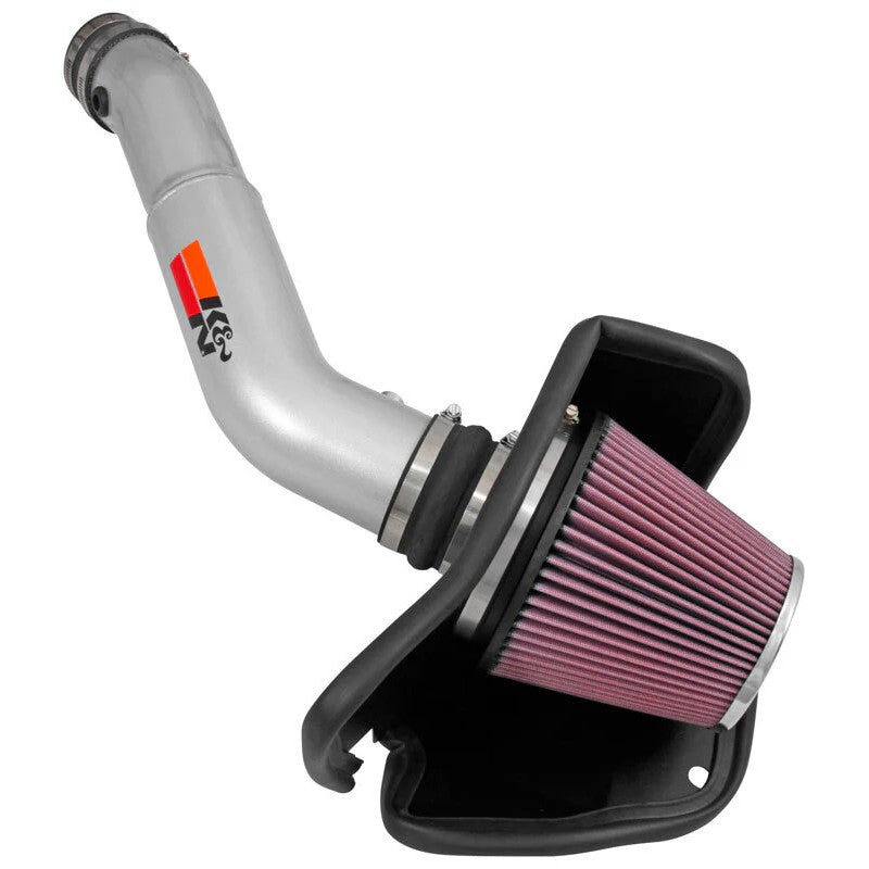 K&N performance air intake kit 77-1572KS with silver intake tube, black heat shield, and red conical cotton air filter.