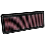 K&N 33-5040 drop-in high-flow air filter featuring red pleated oiled cotton media and a durable black frame.