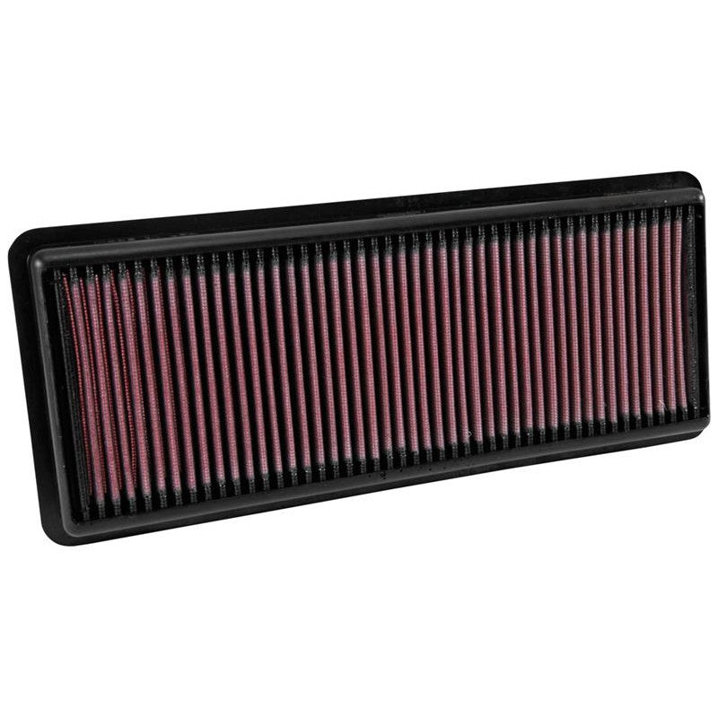 K&N 33-5040 drop-in high-flow air filter featuring red pleated oiled cotton media and a durable black frame.