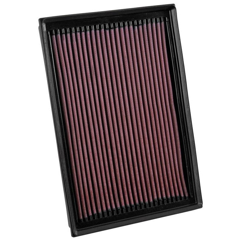 K&N 33-5048 high-flow replacement air filter with red oiled cotton media for Nissan Titan XD.