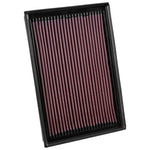 K&N 33-5048 high-flow replacement air filter with red oiled cotton media for Nissan Titan XD.