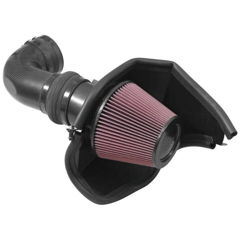 K&N 63-3099 AirCharger intake system featuring a carbon fiber tube, cone air filter, and black heat shield.