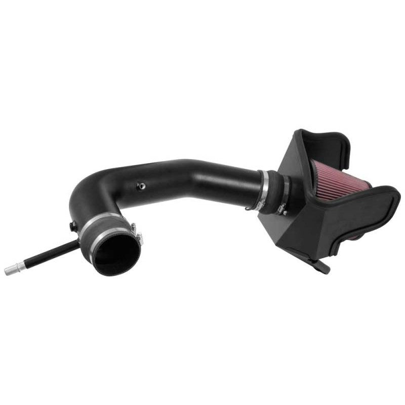 K&N 77-Series Performance Air Intake Kit with aluminum intake tube and red conical filter for 2017-2019 Ford F-250 6.2L