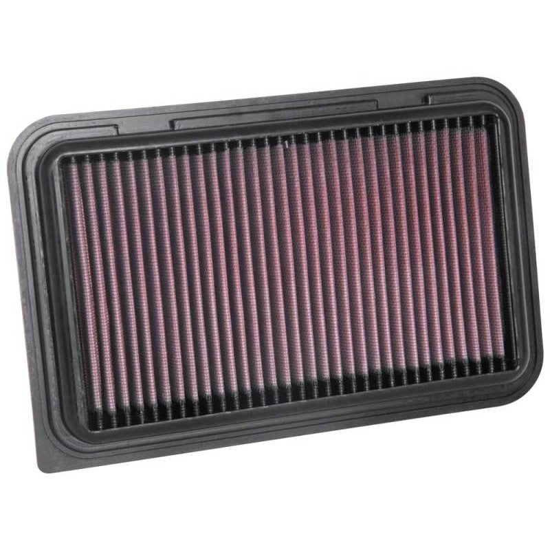 K&N 33-3126 replacement air filter with red oiled cotton media and black flexible frame for 2017 Suzuki Swift.