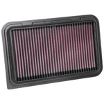 K&N 33-3126 replacement air filter with red oiled cotton media and black flexible frame for 2017 Suzuki Swift.