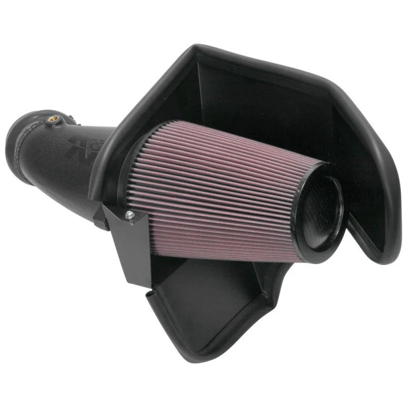 K&N AirCharger performance intake kit with black HDPE tube, heat shield, and red oiled cotton conical air filter.