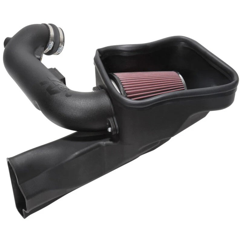 K&N AirCharger cold air intake system with black HDPE intake tube, red oiled cotton filter, and black heat shield.