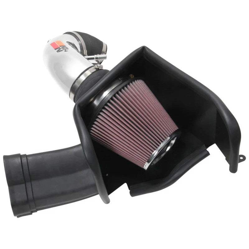 K&N Typhoon cold air intake system with silver aluminum tube and red conical air filter for Ford Mustang GT