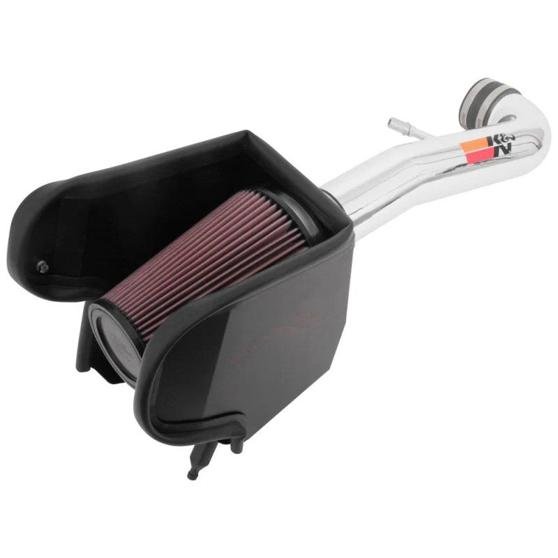 K&N 77-1576KP performance intake kit with mandrel-bent aluminum tube, conical air filter, and black heat shield.