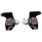 K&N 69 Series Typhoon air intake system with silver aluminum tubes and dual red oiled cotton filters for 3.3L turbo engines.