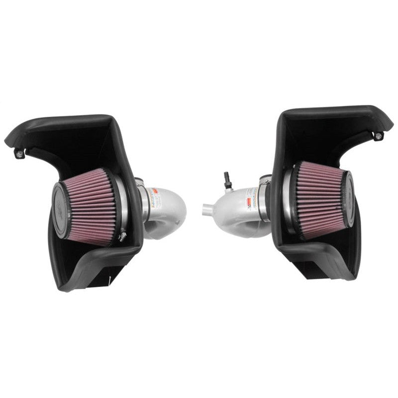 K&N 69 Series Typhoon air intake system with silver aluminum tubes and dual red oiled cotton filters for 3.3L turbo engines.