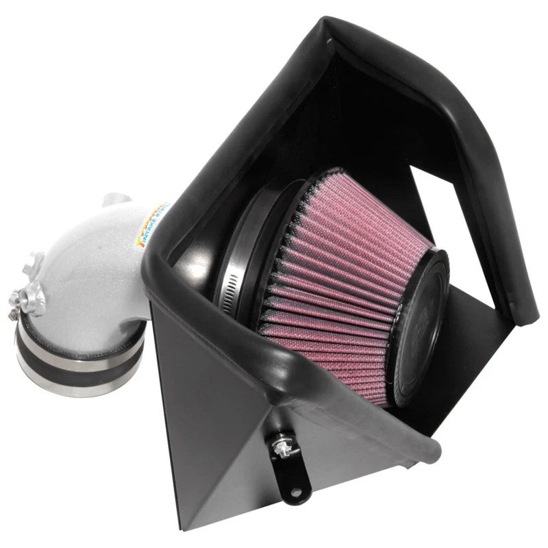 K&N 69-5320TS Typhoon silver short ram intake with mandrel-bent aluminum tube and conical oiled cotton air filter.