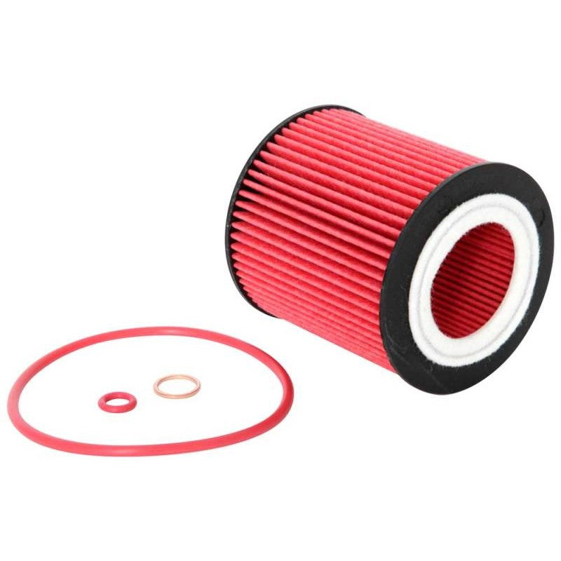 K&N HP-7014 high-flow cartridge oil filter with pleated filtration media and replacement O-rings.