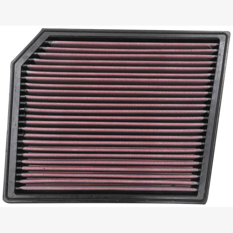 K&N 33-5111 replacement air filter featuring red pleated oiled cotton media and a black perimeter gasket.