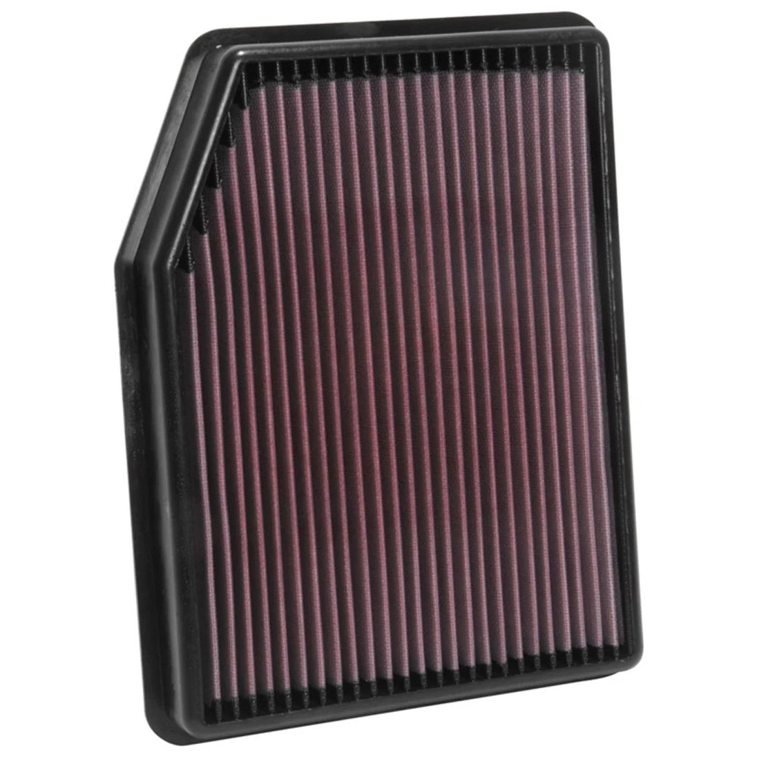 K&N high-flow drop-in air filter with red pleated oiled cotton media and a durable black molded rubber frame.
