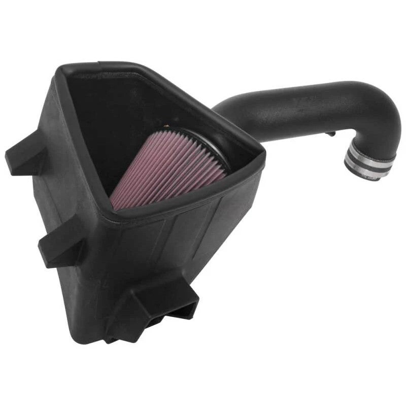 K&N AirCharger cold air intake featuring a black HDPE tube, heat shield, and red oiled cotton air filter for Ram 1500.
