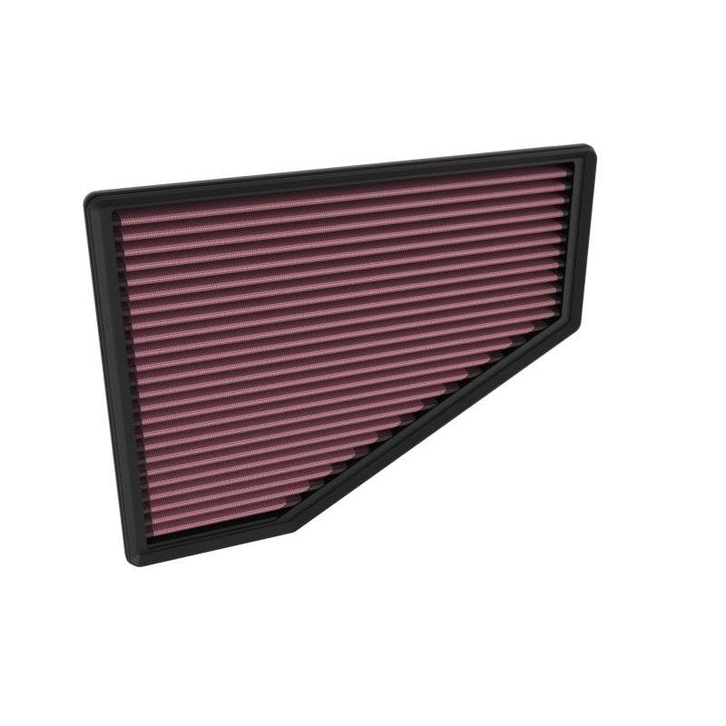 K&N 33-5123 high-flow washable replacement air filter featuring red oiled cotton media.