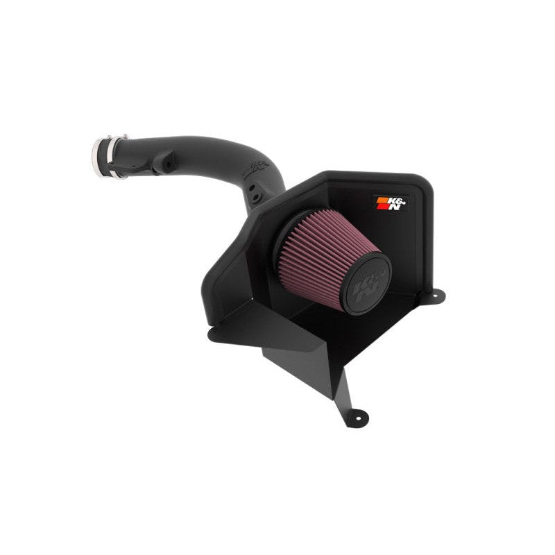 K&N Performance AirCharger cold air intake with black HDPE tube, oiled cotton filter, and custom heat shield.
