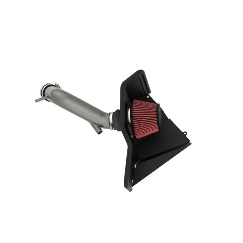 K&N Typhoon 69-5329TC cold air intake with silver mandrel-bent aluminum tube and red conical high-flow air filter.