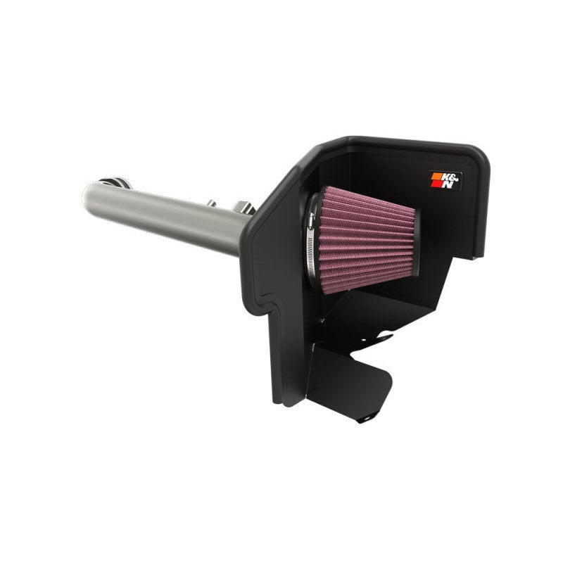K&N 77-Series intake system with silver mandrel-bent aluminum tube and red oiled cotton filter for 2022-2025 Nissan Frontier.