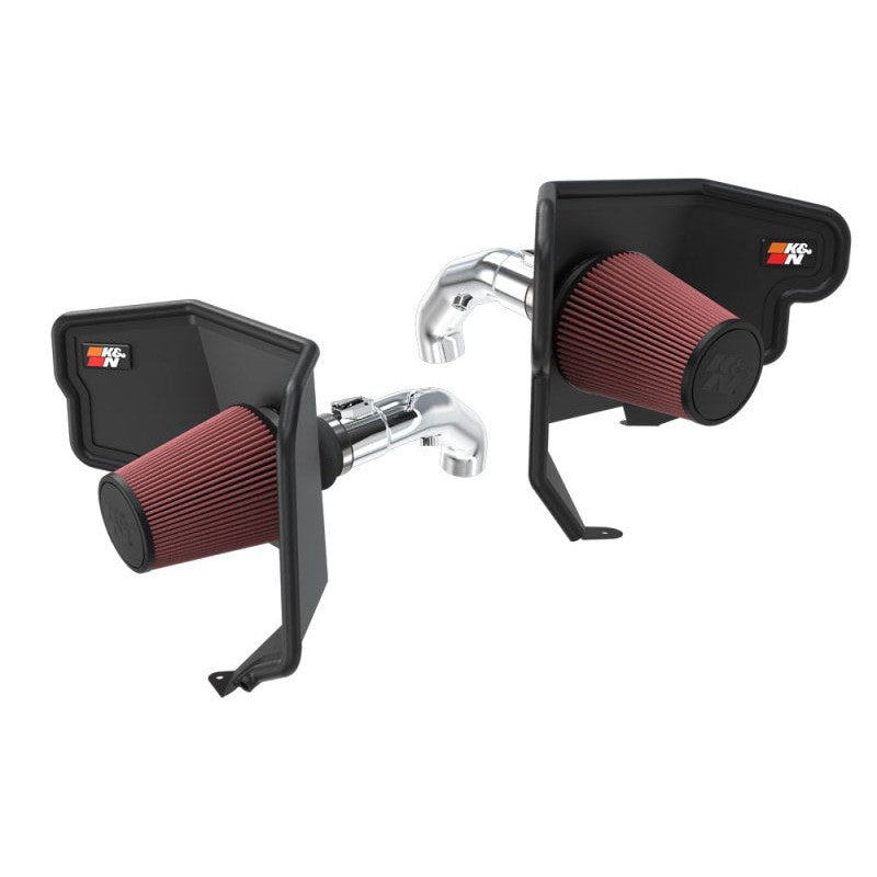 K&N performance air intake system with a polished mandrel-bent aluminum tube and red oiled cotton high-flow filter.