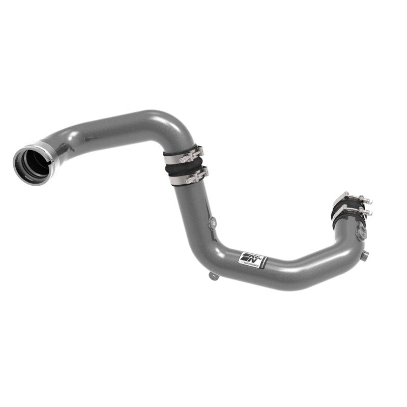 K&N gunmetal gray powder-coated aluminum charge pipes with black silicone couplers and T-bolt clamps.