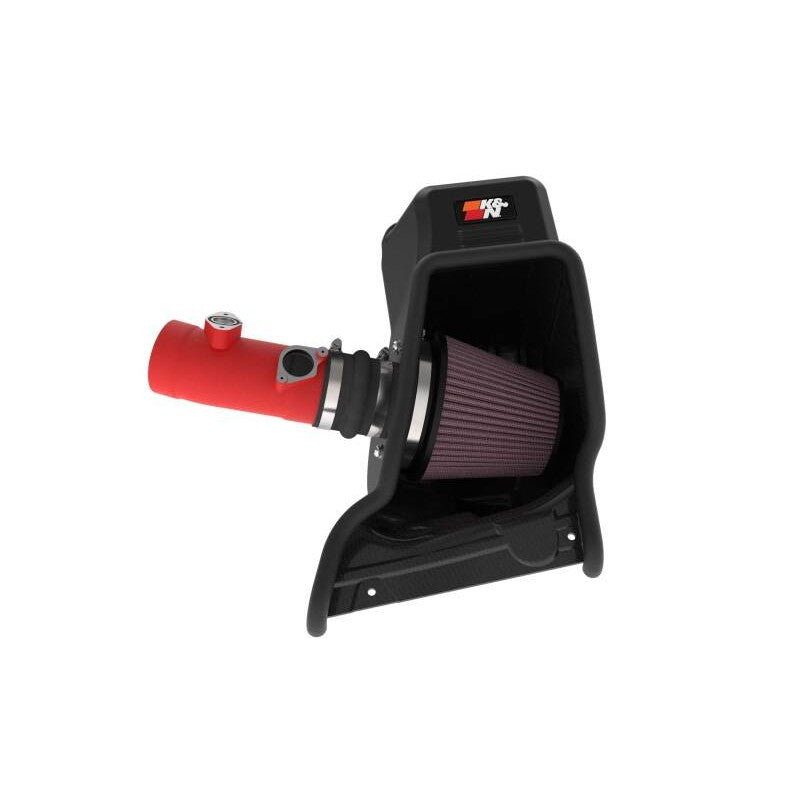 K&N 69-1511TWR performance air intake with red mandrel-bent aluminum tube and high-flow oiled cotton filter.