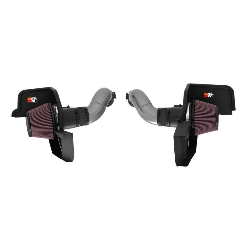 K&N Typhoon air intake system featuring a mandrel-bent aluminum tube and red oiled cotton filter for 2024-2026 Mustang.