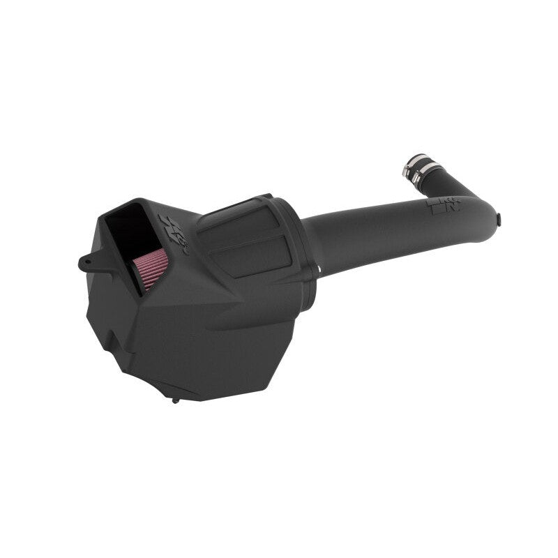 K&N 63 Series cold air intake kit with black rotationally molded HDPE tube and red conical filter for 2025 Jeep Wrangler.