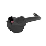K&N 63 Series cold air intake kit with black rotationally molded HDPE tube and red conical filter for 2025 Jeep Wrangler.