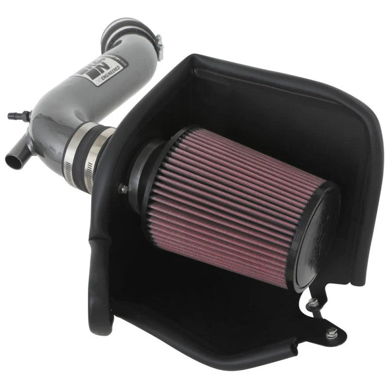 K&N Typhoon cold air intake system featuring a mandrel-bent aluminum tube and a red oiled cotton air filter.