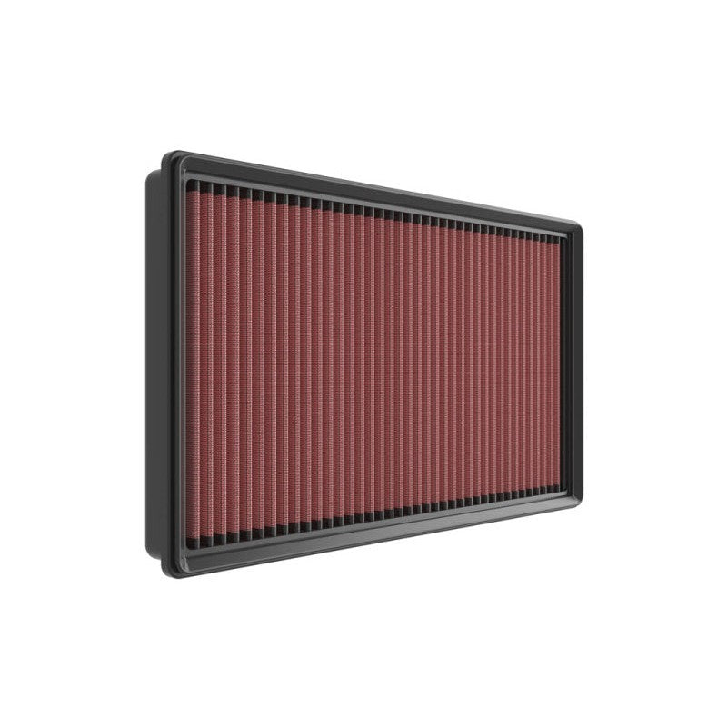 K&N 33-3173 high-flow replacement air filter with red pleated oiled cotton media and black rubber frame.