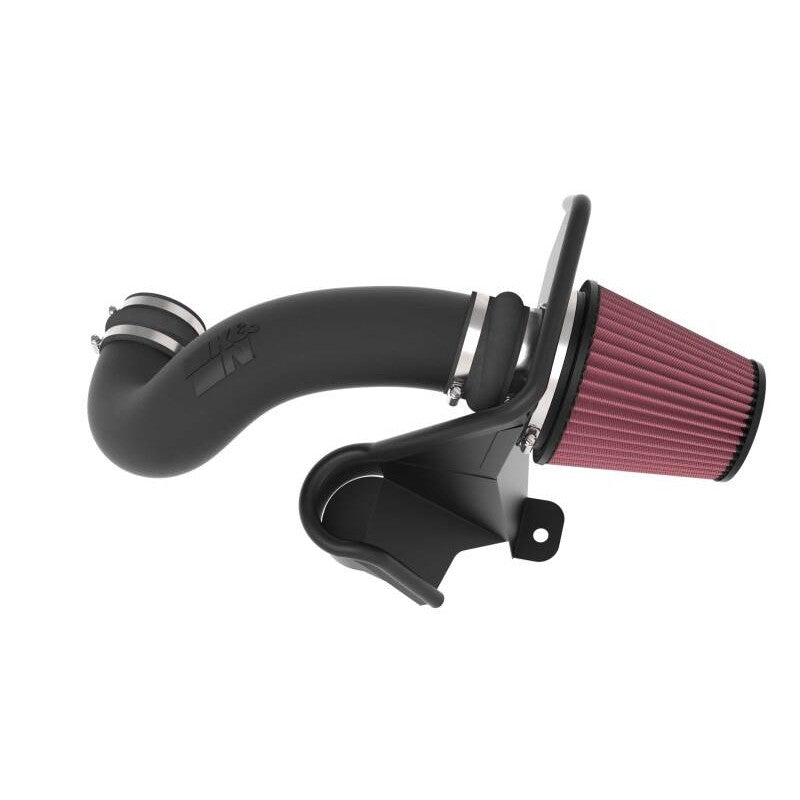 K&N performance air intake system 63-1593 featuring a black HDPE intake tube and red oiled cotton conical filter
