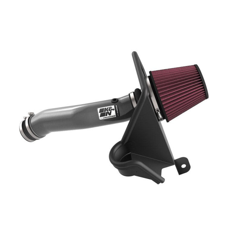 K&N performance air intake system with mandrel-bent aluminum tube and red oiled cotton air filter for Jeep Grand Cherokee.