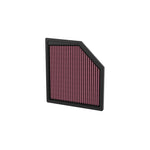 K&N 33-3180 washable high-flow engine air filter with red oiled cotton media and black rubber frame.