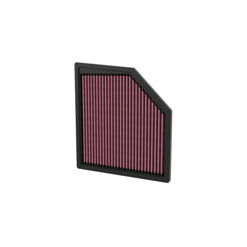 K&N 33-3180 washable high-flow engine air filter with red oiled cotton media and black rubber frame.