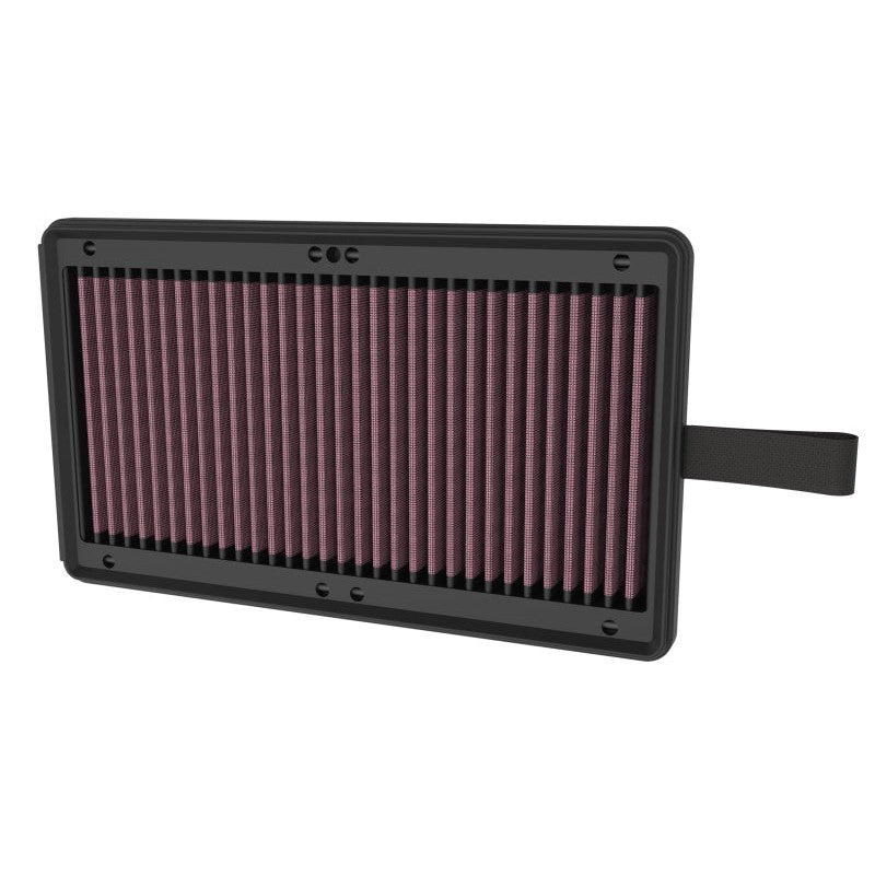 K&N 33-5150 high-flow replacement air filter with red pleated oiled cotton media and a black rectangular frame.